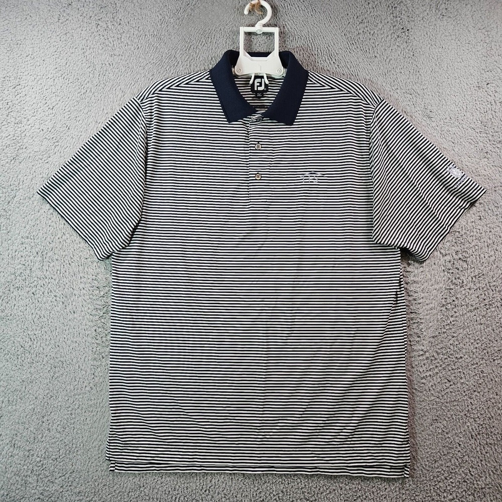 Footjoy Polo Shirt Men Large Short Sleeve White Navy‎ Blue Striped Golf Stretch